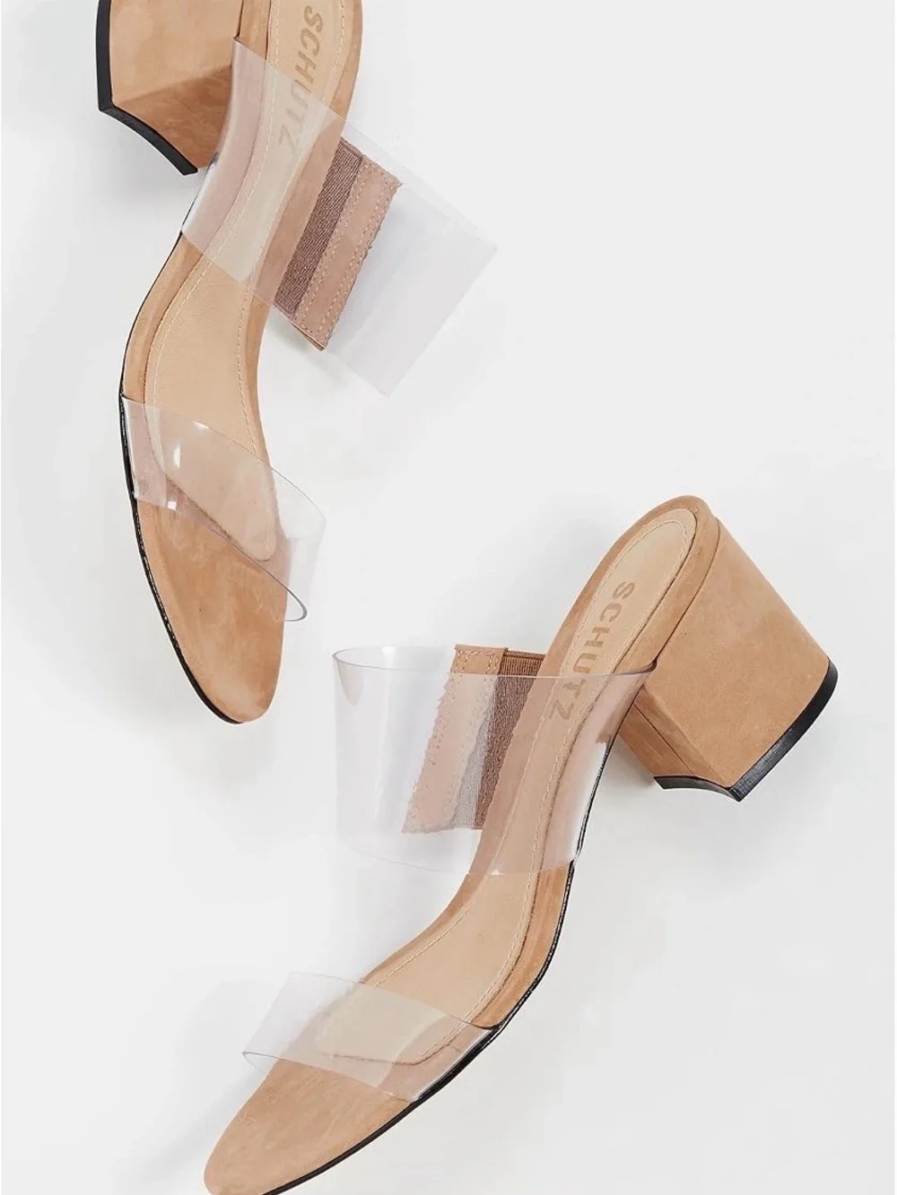 SCHUTZ Victorie Slides - Clear Double-Strap Sandal with Tan Suede Block Heel